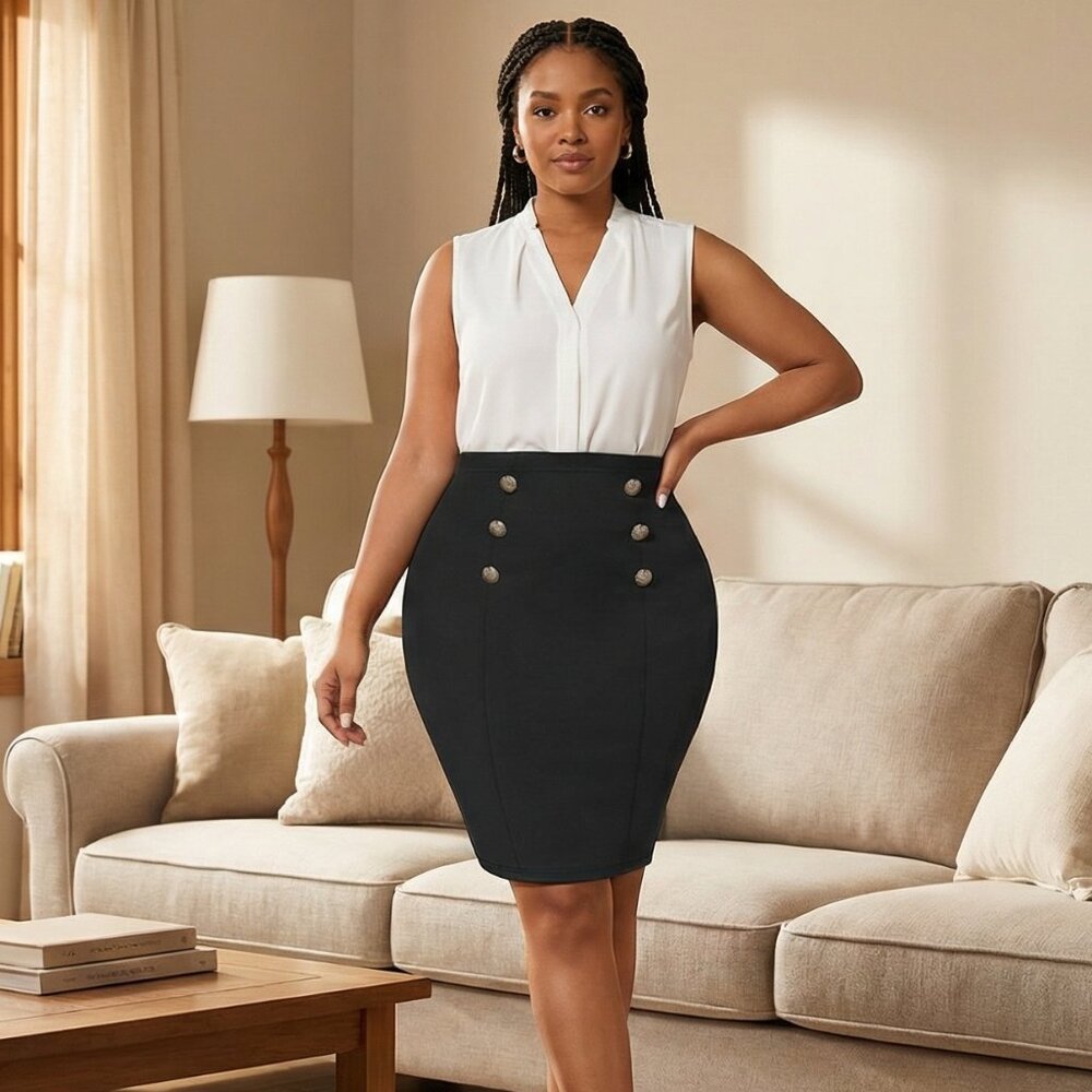 Solid Button Front Bodycon Elegant High Waist Office Pencil Skirt